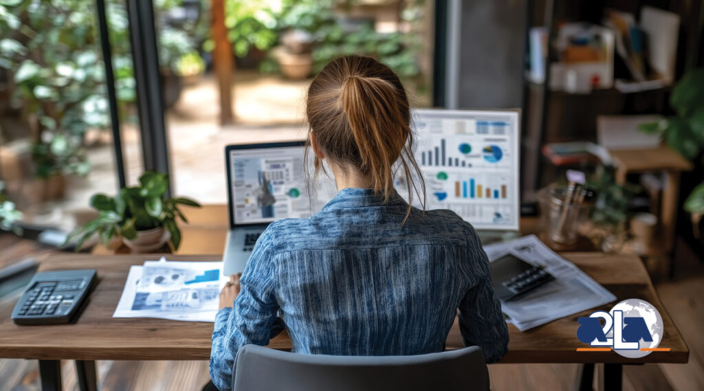 A woman reviews data on two laptops at a desk, with documents, a calculator, and plants around her.