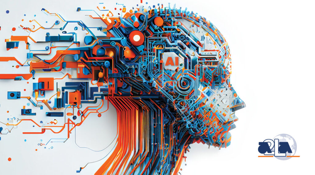 Illustrated graphic of human head made up of electrical circuits and wires, featuring "AI" in the center