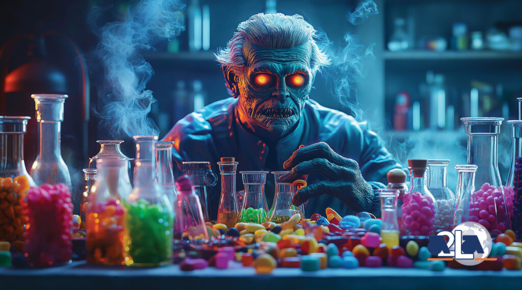 A mysterious scientist with glowing orange eyes mixes colorful chemicals in a lab surrounded by vibrant candies and glass beakers emitting smoke.