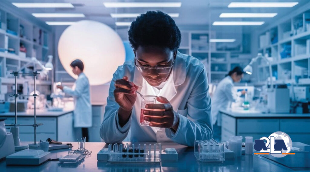 A man in a laboratory examining the contents of a beaker with two other scientists working in the background