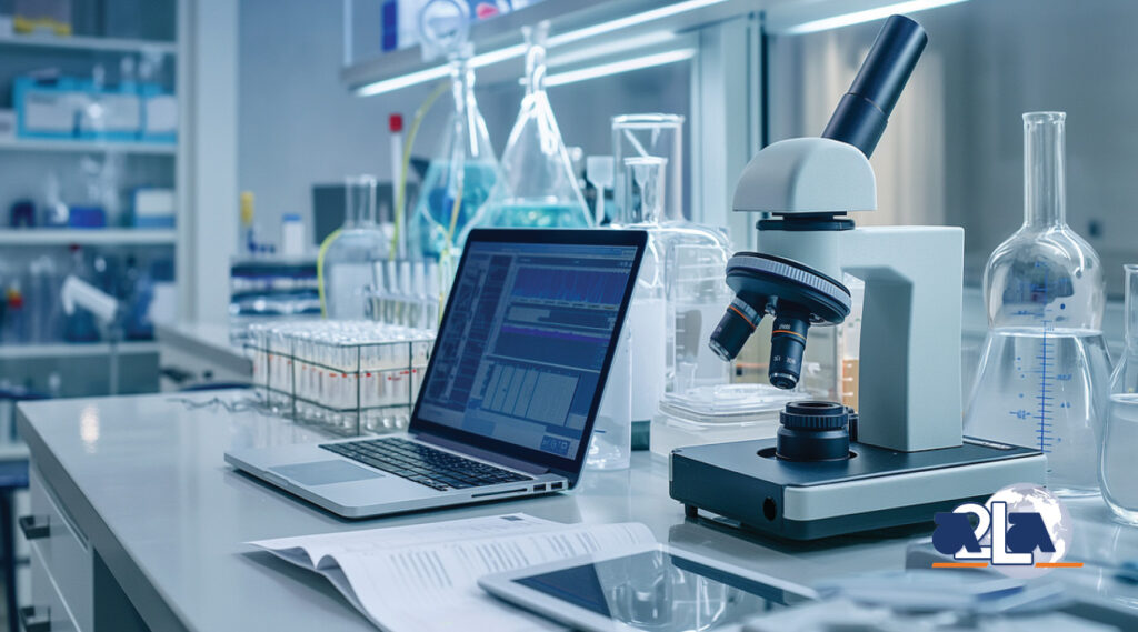 A photo of a laboratory environment with a laptop and lab equipment sitting on a large table