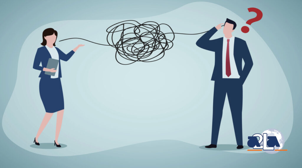 An illustration of a man and a woman with a tangled line between them representing miscommunication